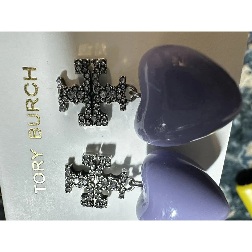 Tory Burch Roxanne Purple Heart Drop Pave Crystal Earrings Post Back New